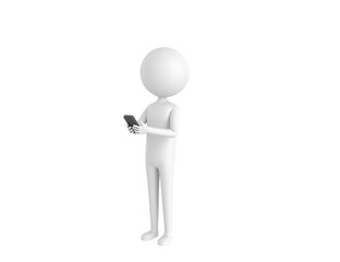 Stick Man character using smartphone and looking to camera in 3d rendering.