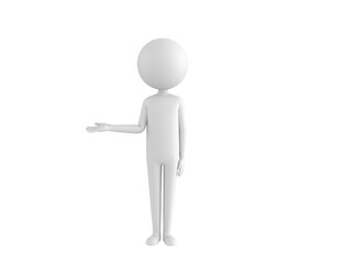 Stick Man character looking to camera and pointing hand to the side in 3d rendering.