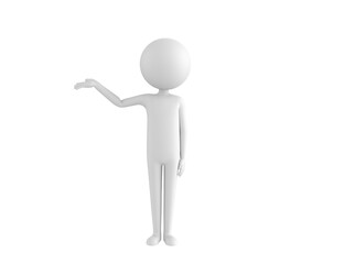Stick Man character raise his hand and pointing to the side in 3d rendering.