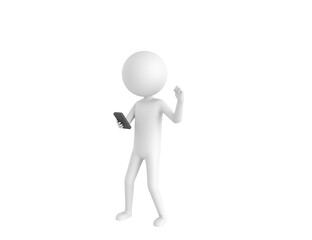 Stick Man character looking his phone and doing winner gesture with fists up in 3d rendering.