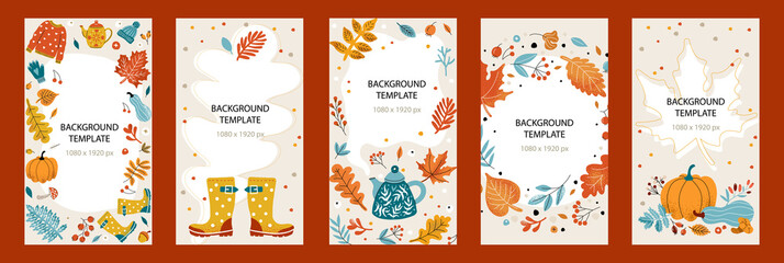 autumn template 1080x1920 for stories. Design with autumn cozy leaves, teapot, sweater 
 and copyspace on beige background
