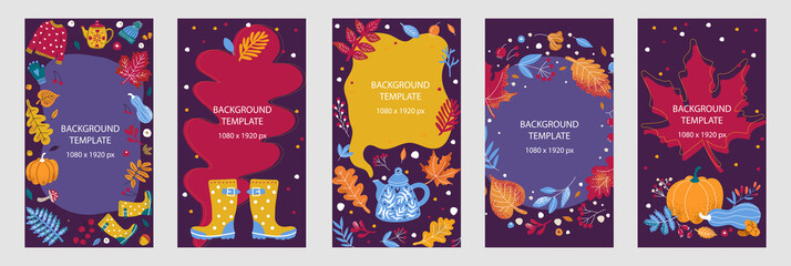 autumn template 1080x1920 for stories. Design with autumn cozy leaves, teapot, sweater 
 and copyspace on a purple background