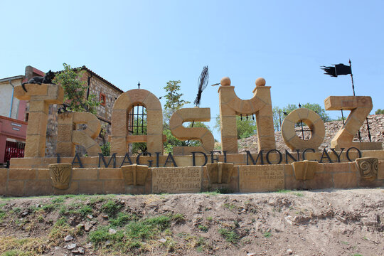 TRASMOZ, SPAIN - JULY 17, 2022: Trasmoz town letters with decoration about witches and mystery