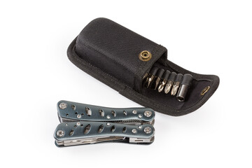 Folded multi-tool and open case on a white background