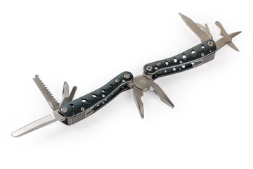 Multi-tool with partly open different tools on white background