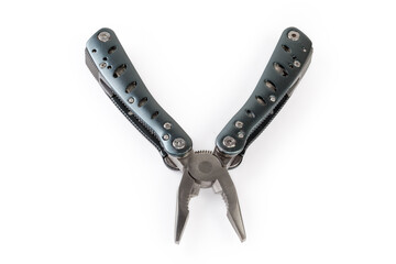 Multi-tool with open pliers on a white background