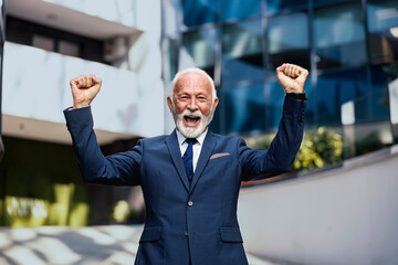 A happy senior businessman stands at the business center and celebrates winning and success.