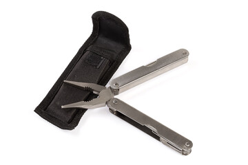 Folded multi-tool and open case on a white background
