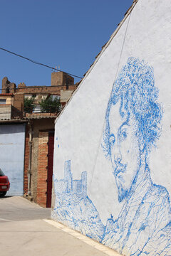 TRASMOZ, SPAIN - 17 JULY 2022: Mural in Trasmoz in homage to the poet Gustavo Adolfo Becquer