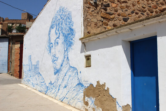 TRASMOZ, SPAIN - 17 JULY 2022: Mural in Trasmoz in homage to the poet Gustavo Adolfo Becquer