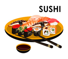 A large plate with sushi and rolls. Asian cuisine restaurant menu design with traditional Japanese seafood dishes flat vector illustration flat vector illustration