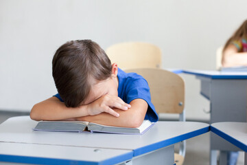 School child sleeping on boring lesson. Tired pupil learning to read book. Sleepy kid sitting at...