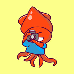 Octopus taking picture cartoon character. animal mascot isolated.