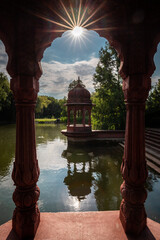 Somogyvamos at Lake Balaton in Hungary, red pagoda in the Krishna Valley at Lake Balaton