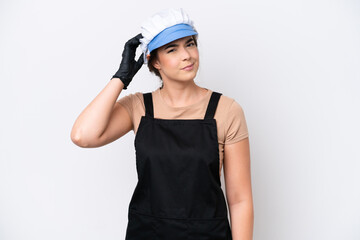 Fishmonger brazilian woman wearing an apron isolated on white background having doubts