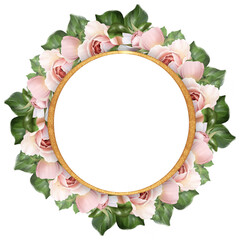 Golden round frame with white rose. Floral Wedding card decor.