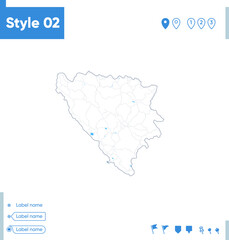 Bosnia And Herzegovina - stroke map isolated on white background with water and roads. Vector map