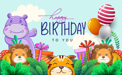 Children's birthday invitation and Greeting card, Happy Birthday party. Cute cartoon with balloon and gift, Jungle animals theme.