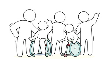 Disabled people in wheelchairs and caregivers
