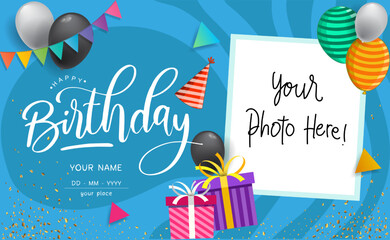 Happy Birthday typography vector design for greeting cards and poster with balloon, confetti and gift box, design template for birthday celebration.