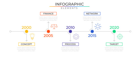 Timeline business infographic elements concept design vector with icons. Annual orkflow network project template for presentation and report.