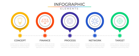 Pin point timeline infographic elements concept design vector with icons. Business workflow network project template for presentation and report.