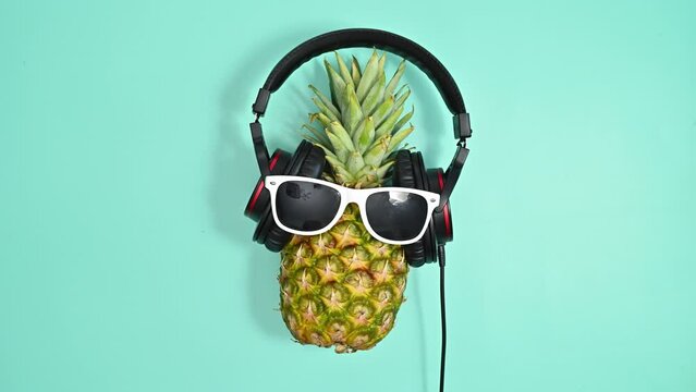 Creative pineapple appear, put sunglasses and headphones and start dancing. Stop motion