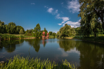 Somogyvamos at Lake Balaton in Hungary, red pagoda in the Krishna Valley at Lake Balaton