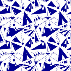 Abstract pattern of blue lines and triangles. Wigwams and the sun. Vector image on a transparent background.