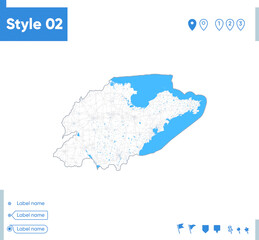 Shandong, China - stroke map isolated on white background with water and roads. Vector map