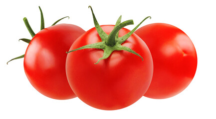 Three tomatoes on a white background.