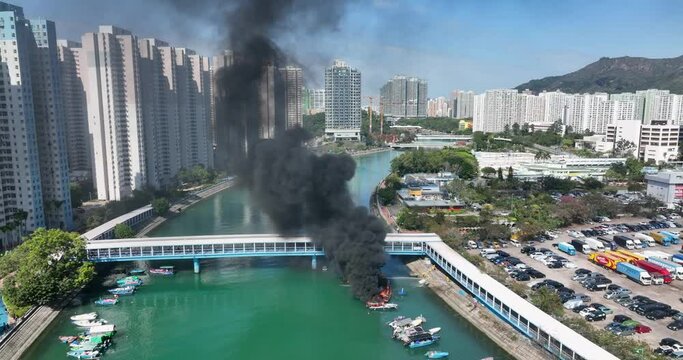 Tuen Mun, Hong Kong Fire accident on boat in Tuen mun of Hong Kong city