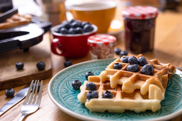 morning - bright breakfast with Belgian waffles