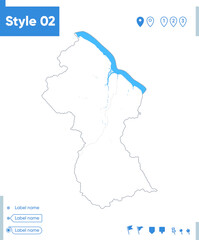 Guyana - stroke map isolated on white background with water and roads. Vector map