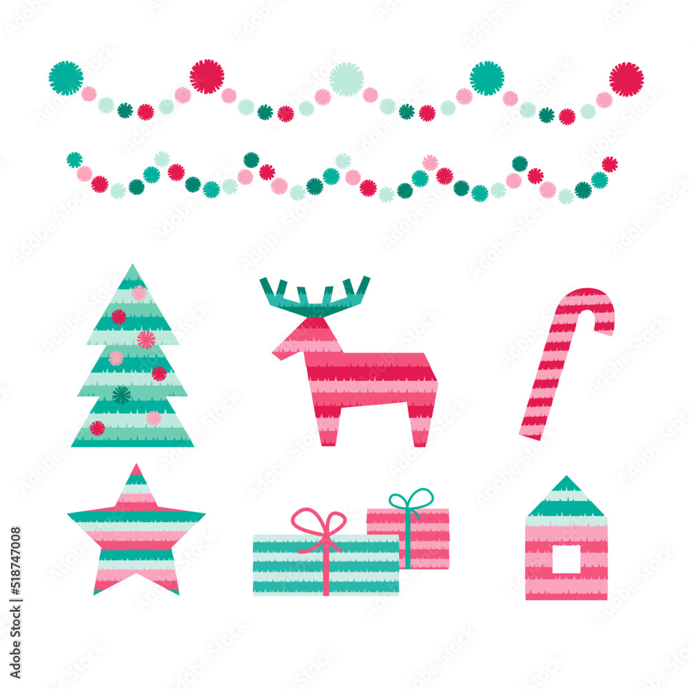 Wall mural Pinata Christmas party decoration set. Pom pom garlands. Paper toys for fun and game. Deer, pine tree, candy cane, star, gifts, house. Flat Vector illustration - Wall murals