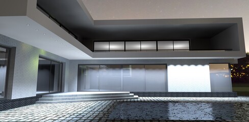 The concept of a futuristic high-tech house project. Long rectangular terrace. Night lighting. 3d render.