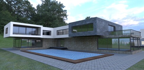The concept of an advanced high-tech house project with a swimming pool. Technological rectangular shapes. Finishing of a facade red old slate. 3d render.