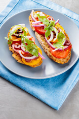 Vegetarian toasts on a gray plate. Bruschetta with tomato, greens and olives. Healthy sandwiches on a blue napkin. Top view