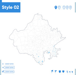 Rajasthan, India - stroke map isolated on white background with water and roads. Vector map