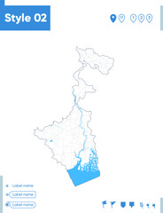 West Bengal, India - stroke map isolated on white background with water and roads. Vector map