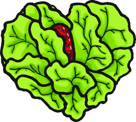 fresh green vegetables heart shaped vegetable icon and has a red vein in the middle on white background