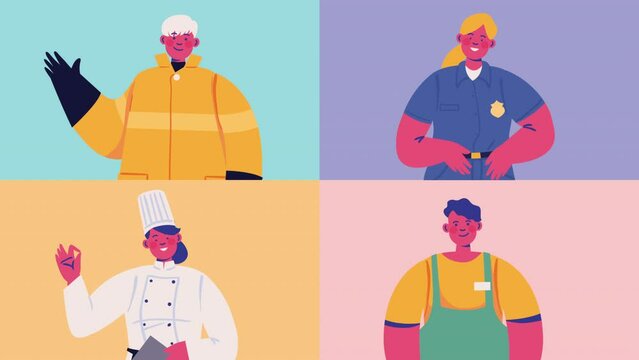 four professionals workers characters animation