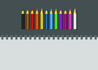Back to school template. Notepad and colored pencils