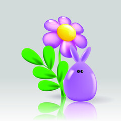 Easter bunny and big glossy flower. Bright violet bunny under a shiny flower