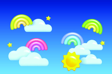Cloudscape with 3d sun, clouds and little rainbows. Summer background with cartoon objects