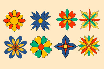 Retro Happy Flowers set. Flower Icon Fashion Illustration. Vector illustration