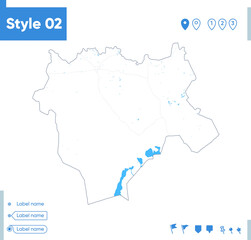 Aktobe, Kazakhstan - stroke map isolated on white background with water and roads. Vector map