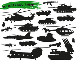Vector signs. Military equipment and devices.  A set of aircraft, tanks and guns.