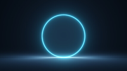 Neon Glowing Circle Stage Futuristic Sci Fi Dark Lights Blue Futuristic Empty Room Virtual Cyber Laser Beam 3D Rendering