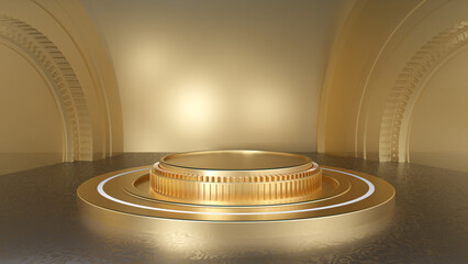 Product display or showcase pedestal on gold background product template. 3D rendering